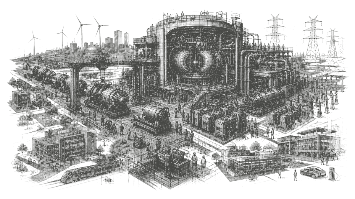 Pencil engineering drawing of an advanced-energy campus: a fusion containment hall, serial reactor and turbine modules, wind turbines, substations and high-voltage transmission serving a surrounding city.