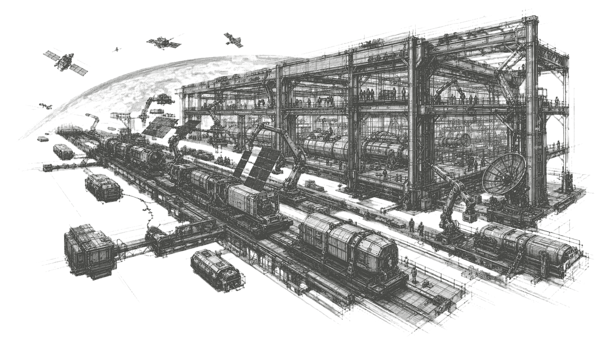 Pencil engineering drawing of orbital manufacturing: a truss assembly line with robotic arms, spacecraft modules and satellites above visible planetary curvature.
