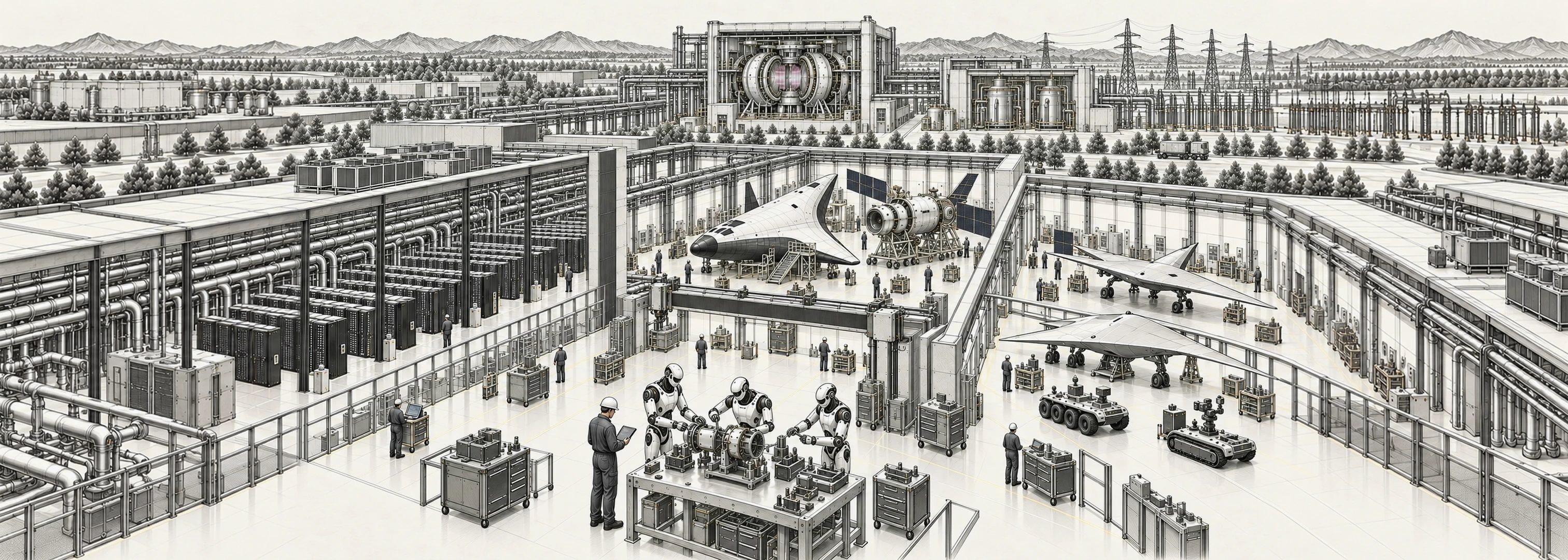 Pencil engineering drawing of an industrial campus: AI server halls, a fusion reactor and power lines, a spaceplane and spacecraft under assembly, autonomous aircraft and ground vehicles, and humanoid robots building a component at a workbench.