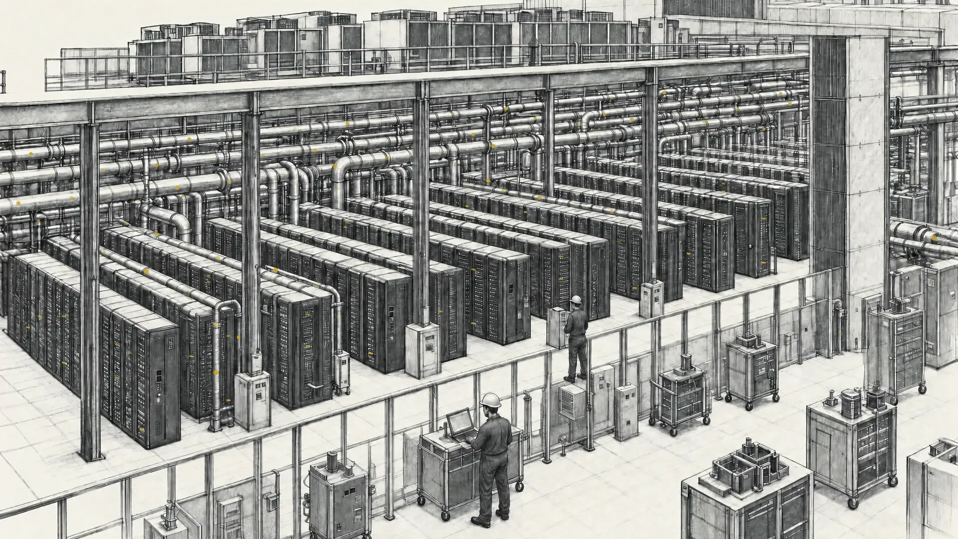 Pencil drawing of a data center hall: rows of server racks under overhead pipework, with a technician at work.