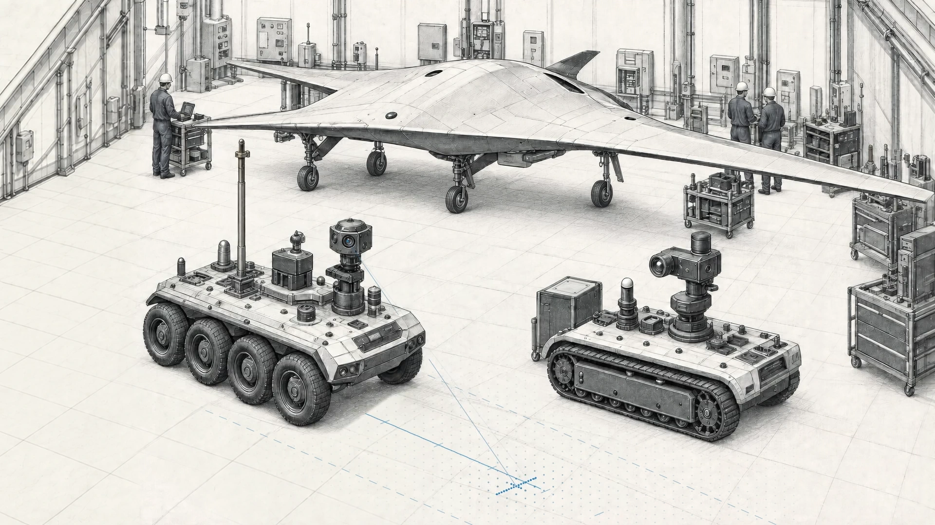 Pencil drawing of a defense hangar: a flying-wing aircraft beyond a wheeled and a tracked autonomous ground vehicle with sensor masts.