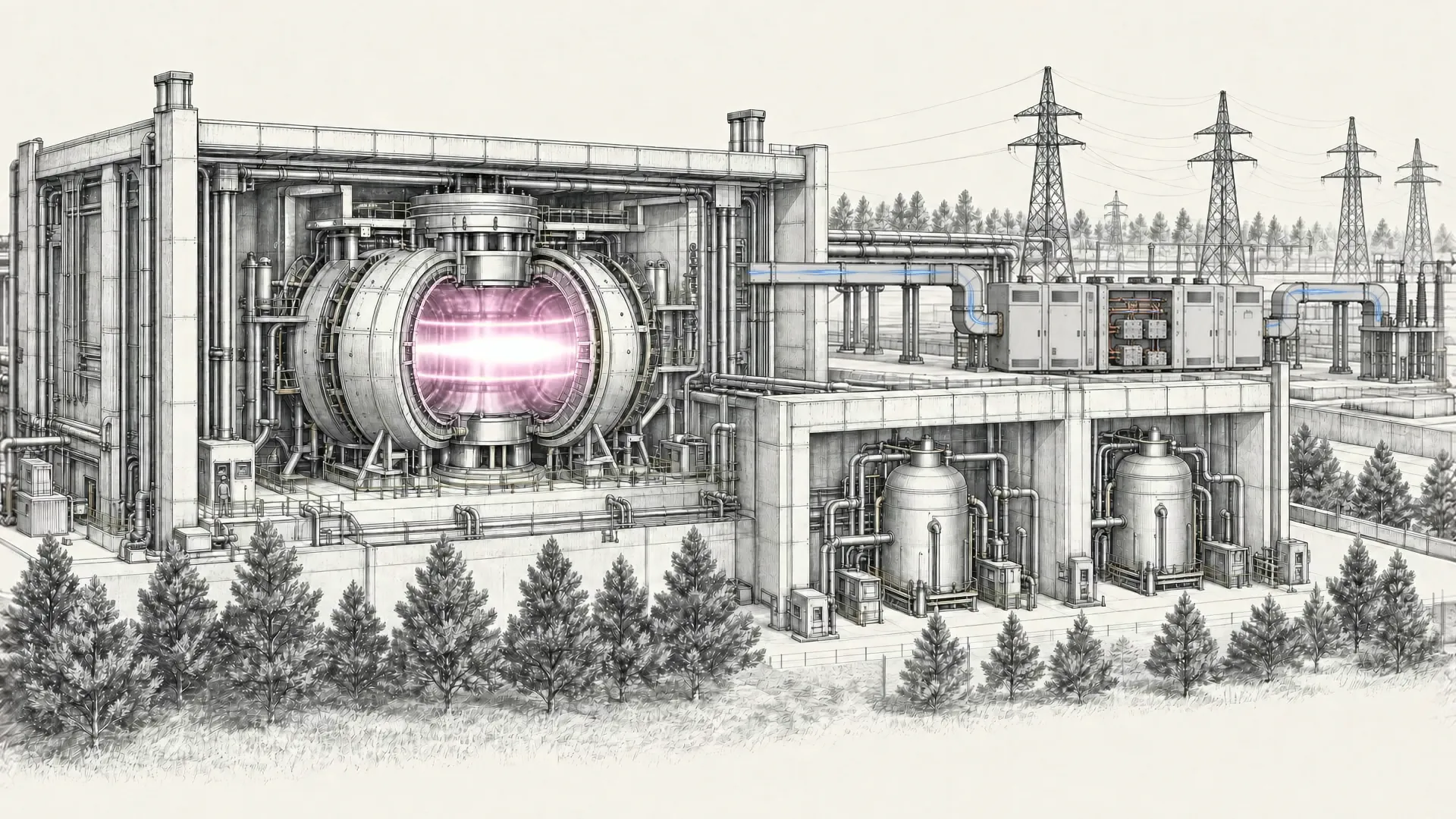 Pencil drawing of a fusion power plant: the toroidal reactor chamber in its hall, with reactor vessels, power infrastructure and transmission pylons beyond.
