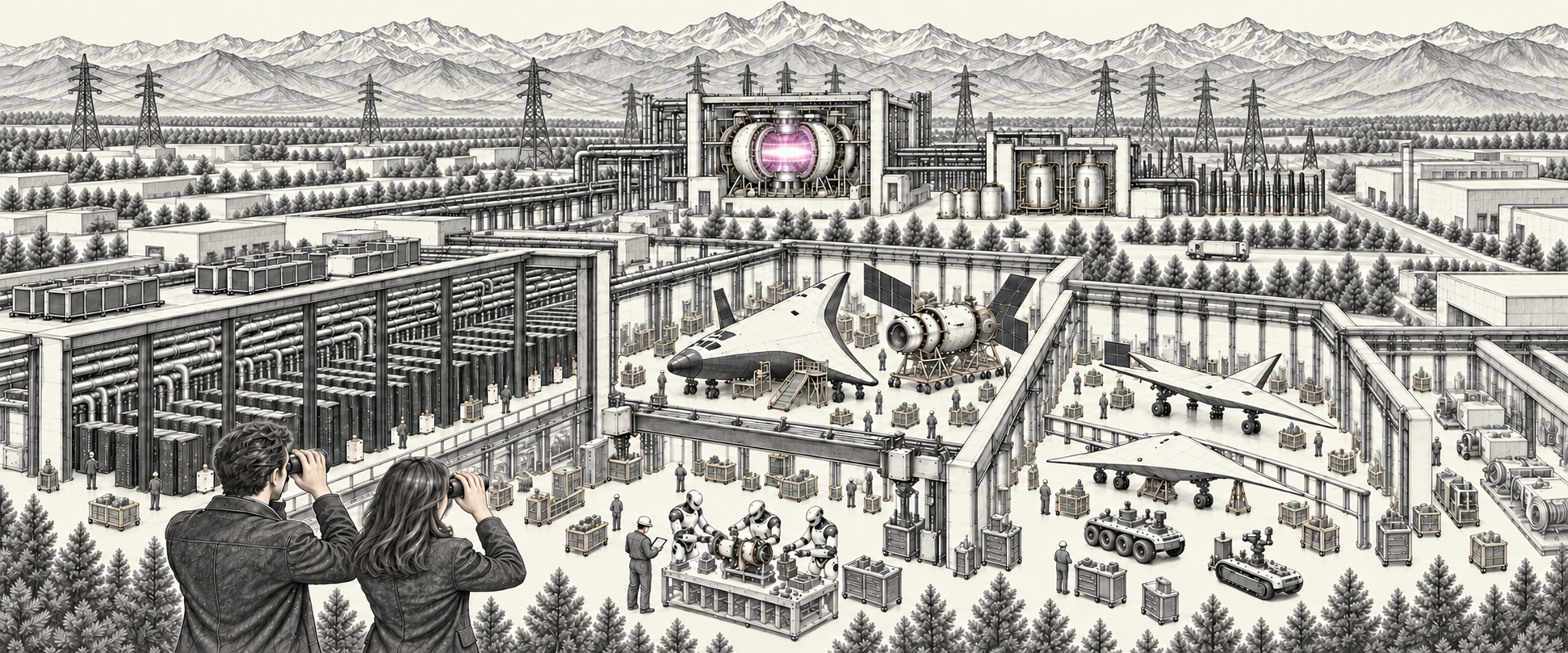Pencil drawing: two observers with binoculars look out over an industrial campus — AI server halls, a fusion reactor glowing with pink-white plasma and power lines, a spaceplane and spacecraft under assembly, autonomous aircraft and ground vehicles, and humanoid robots at a workbench.