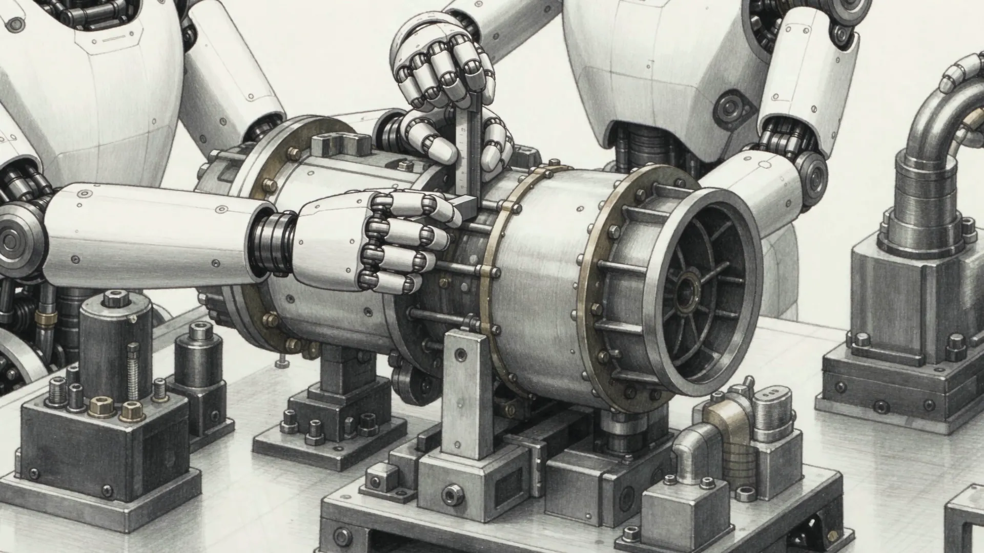 Pencil drawing, close up, of humanoid robots’ hands working on a mounted component, with a small tool and a vertical gauge.