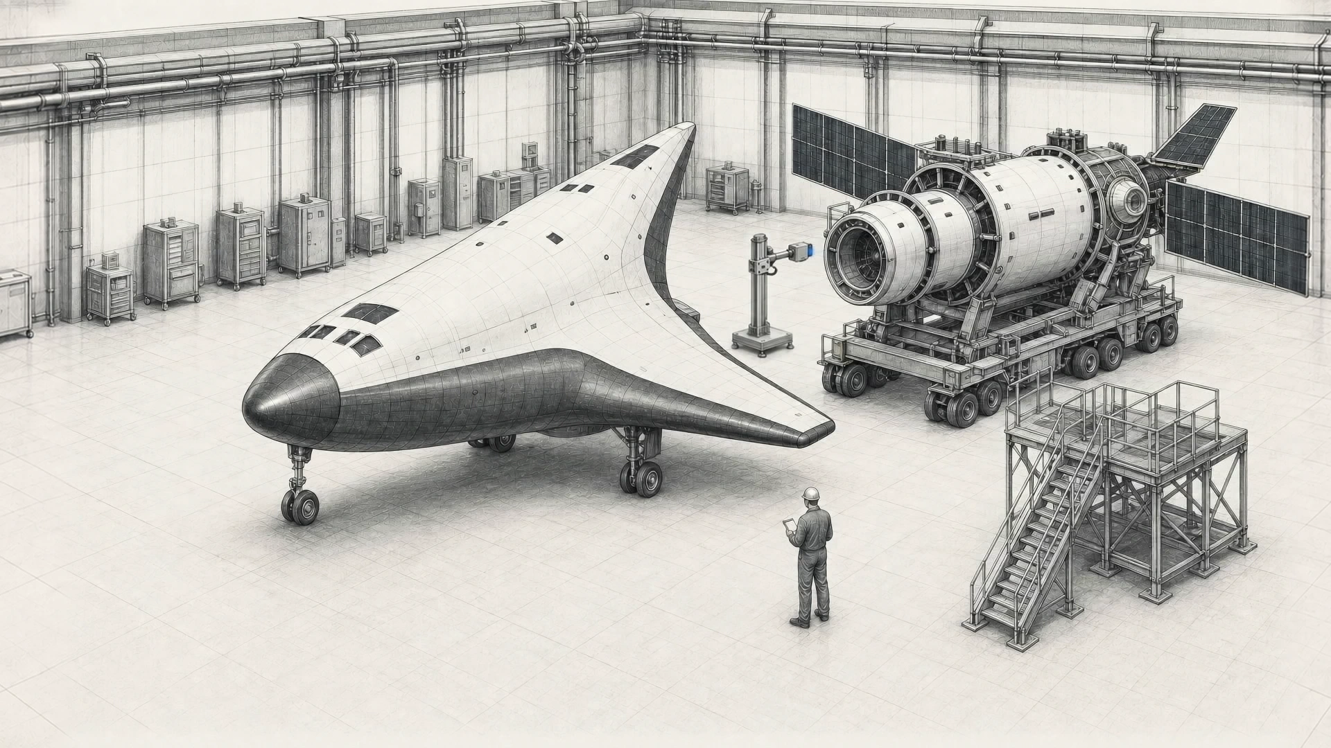 Pencil drawing of a spacecraft assembly hall: a spaceplane and a cylindrical module with solar arrays on a wheeled transfer cradle, with an engineer beside them.