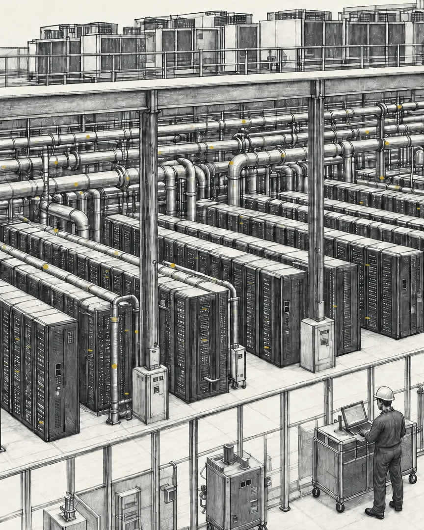 Pencil drawing of a data center hall: rows of server racks under overhead pipework, with a technician at work.