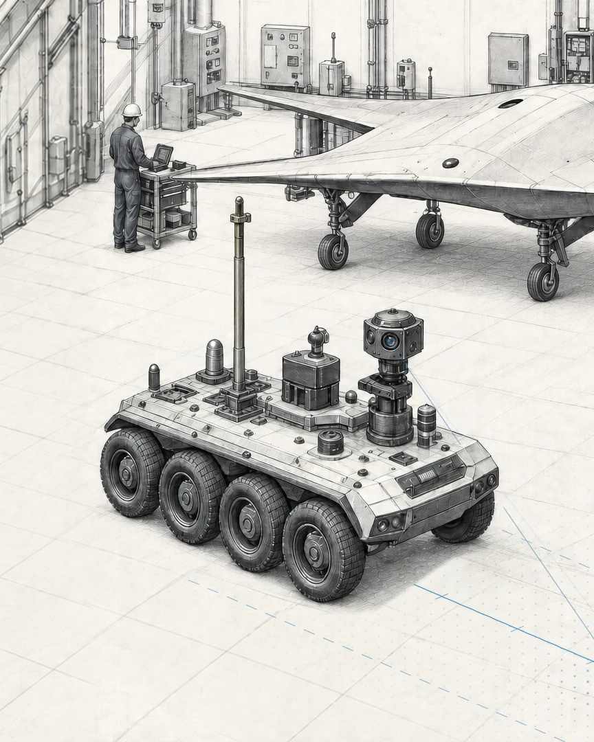 Pencil drawing of a defense hangar: a flying-wing aircraft beyond a wheeled and a tracked autonomous ground vehicle with sensor masts.
