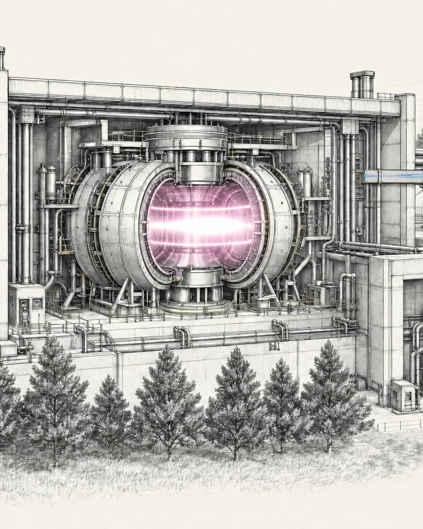 Pencil drawing of a fusion power plant: the toroidal reactor chamber in its hall, with reactor vessels, power infrastructure and transmission pylons beyond.