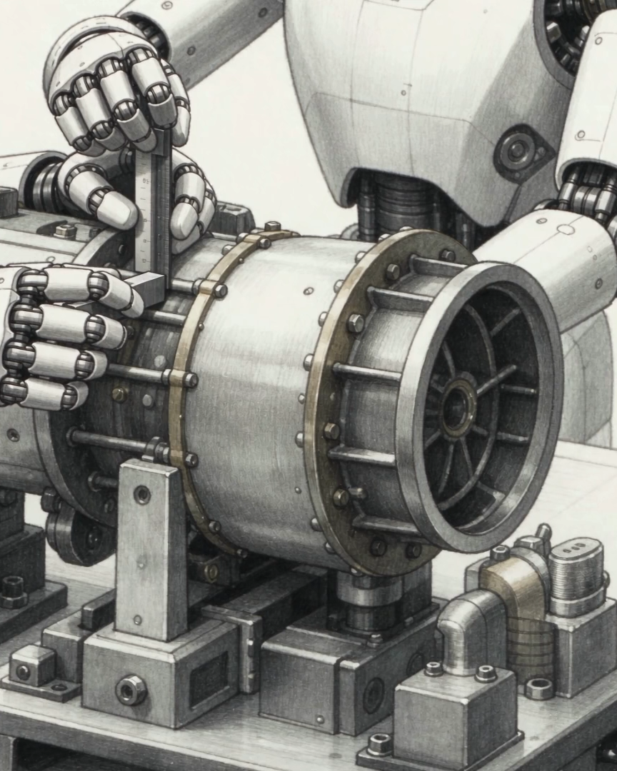Pencil drawing, close up, of humanoid robots’ hands working on a mounted component, with a small tool and a vertical gauge.