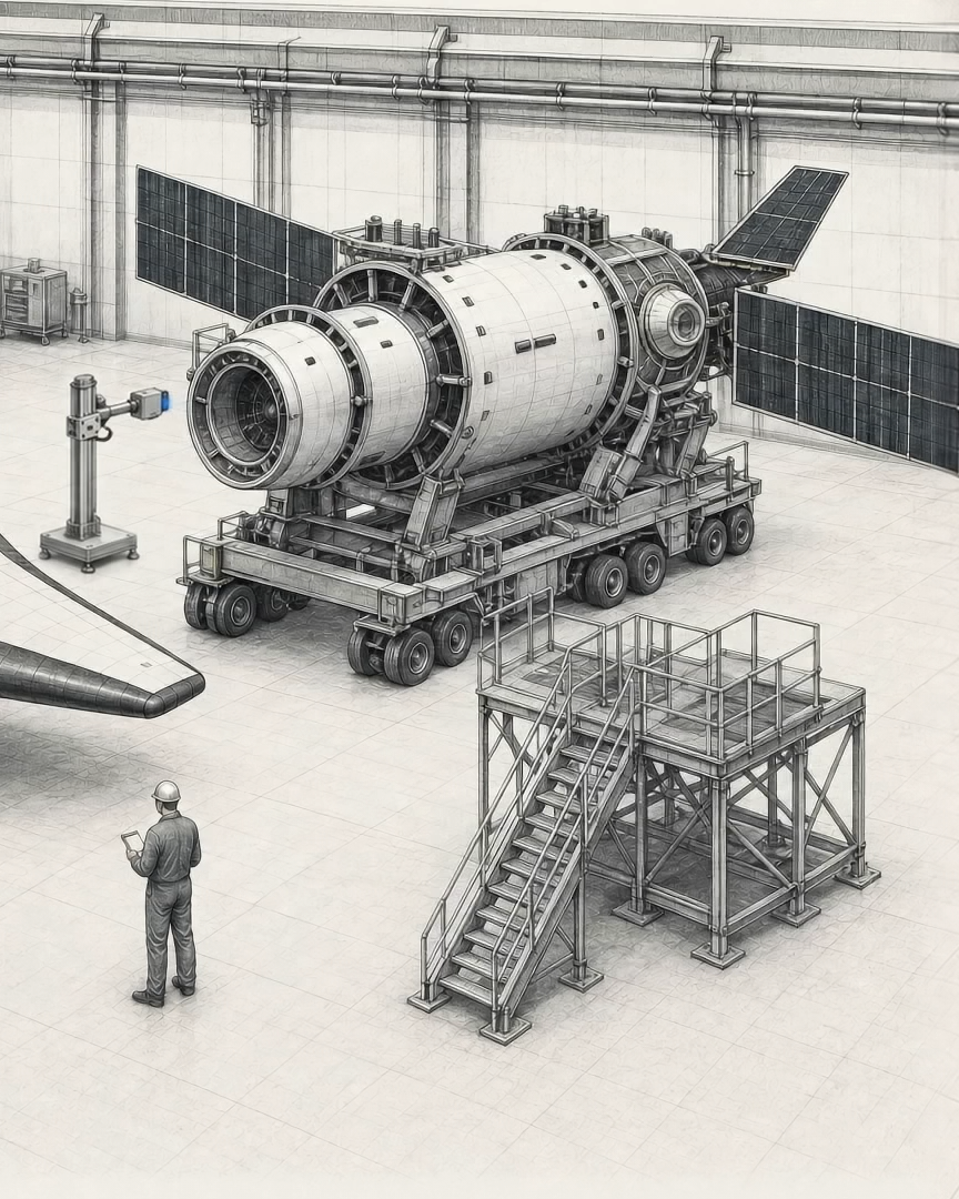 Pencil drawing of a spacecraft assembly hall: a spaceplane and a cylindrical module with solar arrays on a wheeled transfer cradle, with an engineer beside them.